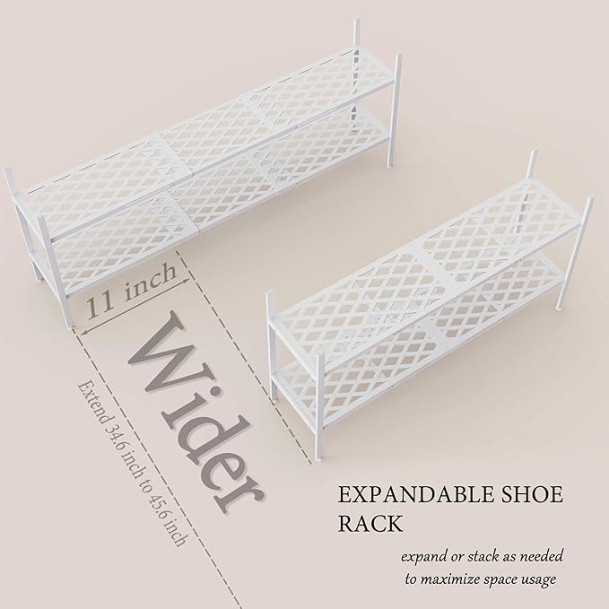 Shoe Rack, Expandable Shoes Organizer Metal Shelf Stand, 2 Tier Stackable Long Shoe Storage Holder For Closet, Floor, Entryway, Garage, Bedroom, Door Entrance For 12-18 Pairs, 45.6 inches White