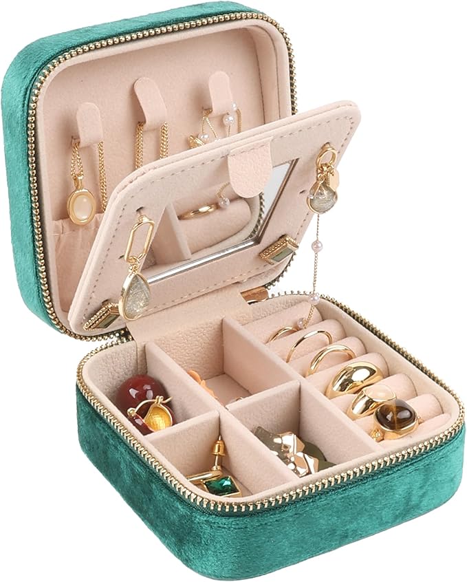 OceeK Plush Velvet Jewelry Box,Travel Jewelry Case and Organizer with Mirror,Jewelry Box for Women Girls,Green,1 Pack