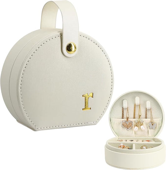 COLLECTIVE HOME - Travel Jewelry Case, Elegant Half-Moon Design with Gold Monogram, Detachable Handle, Personalized Accessory Organizer, Gift for Fashion-Forward Women and Teens (r)