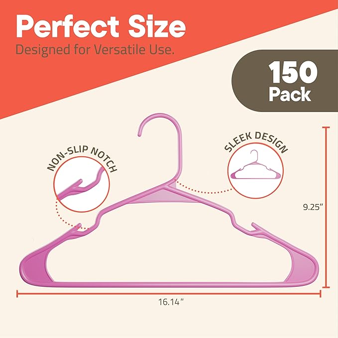 Pink Plastic Hangers 150 Pack– Heavy-Duty Plastic Hangers Slim and Space-Saving, Durable and Lightweight PP with Non-Slip Shoulder Notches for Slip Dresses, Suits, Jackets & Camisoles