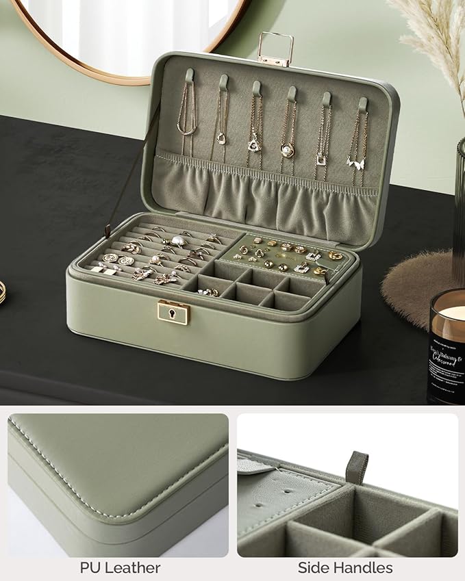 Jewelry Box, 2-Layer Jewelry Holder Organizer with Lock, Removable Jewelry Tray for Earrings Necklaces Bracelets, Green