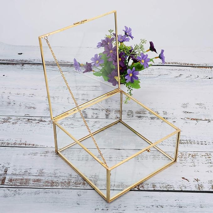 Hipiwe Vintage Glass Jewelry Organizer Box - Golden Metal Keepsake Box Desktop Jewelry Organizer Holder Wedding Birthday Gift Square Vanity Decorative Box for Dresser,6.3"x 6.3"x 3.35"
