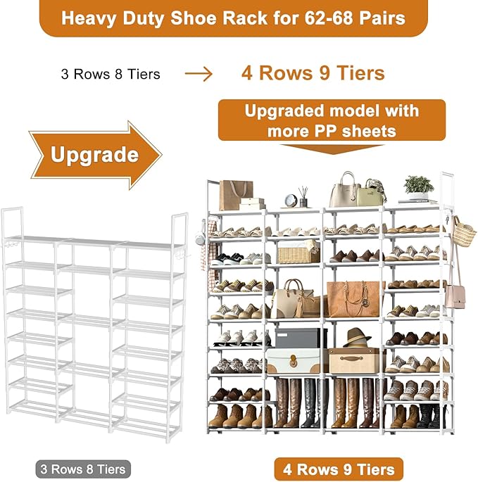 WOWLIVE 4 Row 9 Tiers Extra Large Shoe Rack Big Tall Metal Shoe Shelf, Heavy Duty Organizer for Closet Entryway, Boot Rack Storage Stackable Stand for Garage White