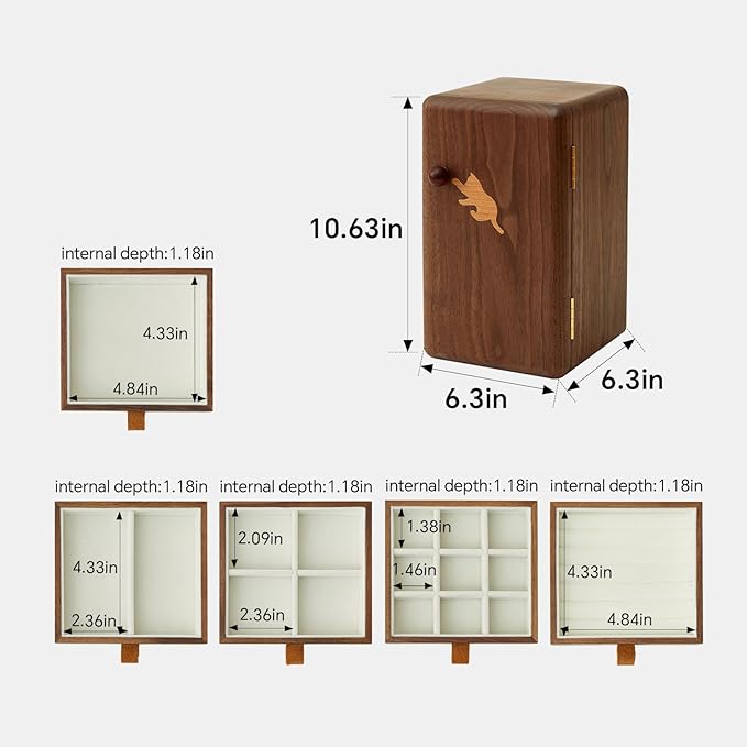 Black Walnut Solid Wood Cabinet Jewelry Box for Women, Large Velvet Lined Organizer with 6 Drawers, Cherry Wood Cat Inlays, Rosewood Handles, Gift for Her