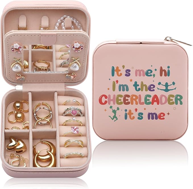Cheerleading Gifts Jewelry Box for Women, Gifts for Cheerleaders Women Friends, Cheer-leading Gifts Stuff Accessories, Small Travel Jewelry Case Organizer for Cheer Team