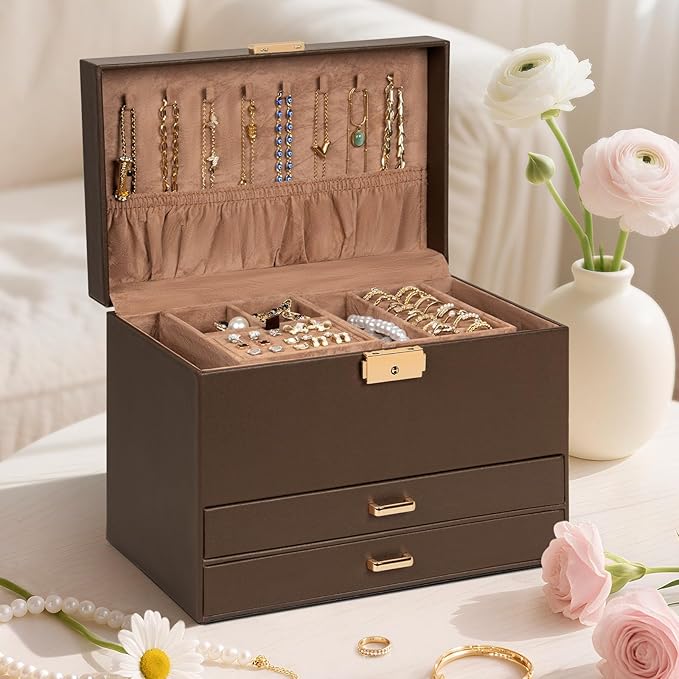 AKOZLIN Travel Jewelry Box Organizer Functional 2-trays Leather Jewelry Storage Case with Lockable Portable 2 Drawers for Women Girls Ring Necklace Earring Bracelet