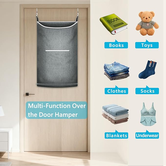 XL Hanging Laundry Hamper, Over the Door Laundry Hamper and Baskets, Wide Opening Hanging Laundry Bag,Hanging Hamper for Bathroom,Dorm,Chirstmas Gifts(Heather Grey, 36x22 Inch)