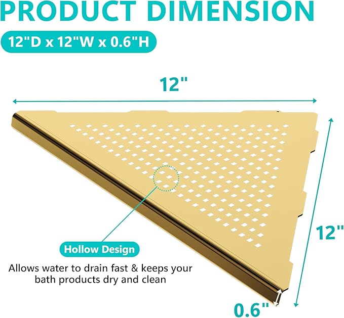 Qeke Bathroom Corner Shelf, Recessed 12" Shower Shelf Caddy, SUS304 Stainless Steel Shelf Wall Mount Triangular, No Drilling, Brushed Golden