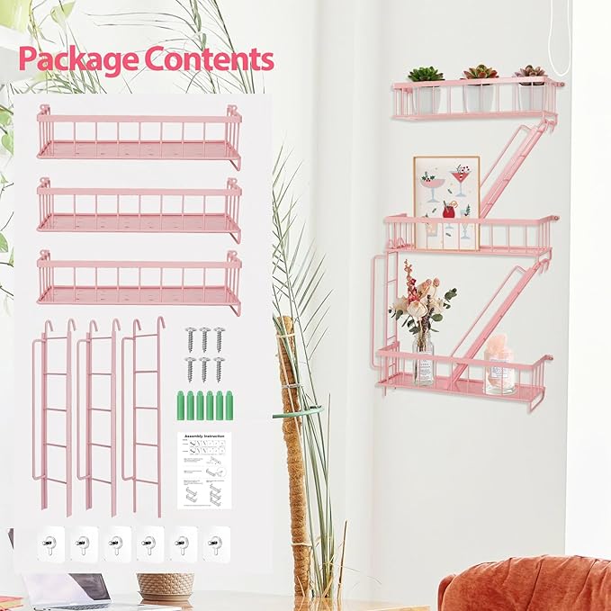 SweetSage Fire Escape Shelf - Pink Wall Decor Floating Shelves, Cute Metal Ladder Shelving for Bedroom, Home Decor Display (3-Tier)