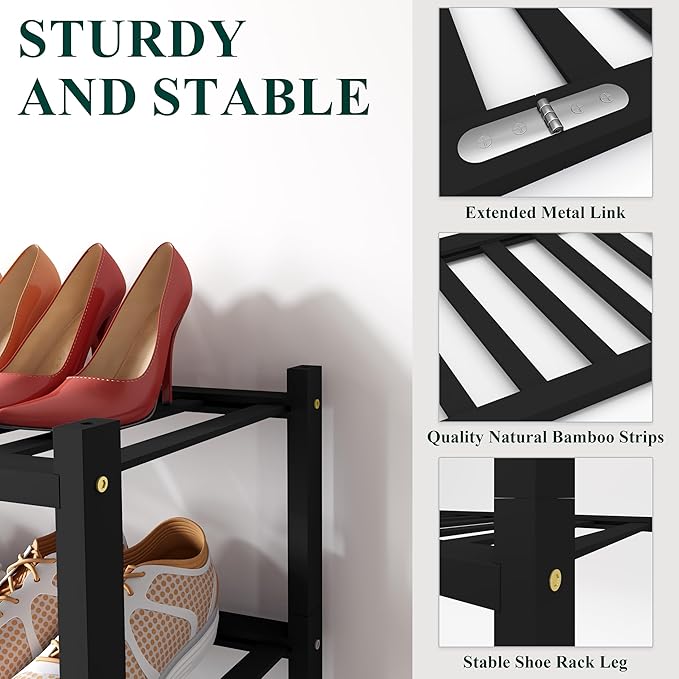 Smiry Shoe Rack, 5 Tier Long Bamboo Shoe Organizer, Stackable Free Standing Wooden Shoe Storage Shelf for Closet, Entryway, Front Door Entrance, Black