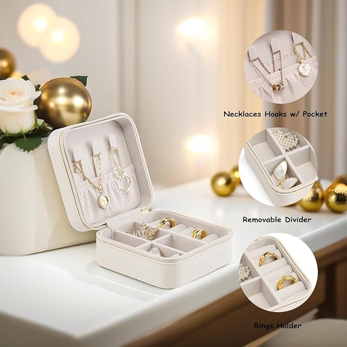 VLANDO Small Travel Jewelry Box Organizer Display Case for Girls Women Gift Rings Earrings Necklaces Storage, Beige