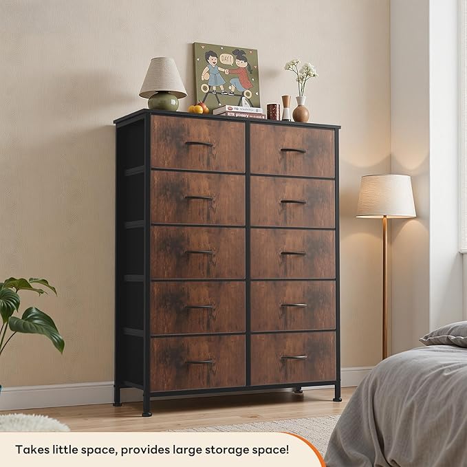 Sweetcrispy 10 Drawer Fabric Dresser Storage Tower with Bins, Tall Chest Organizer for Bedroom Closet Hallway, Steel Frame Wood Top Easy Pull Handles,Black-Brown