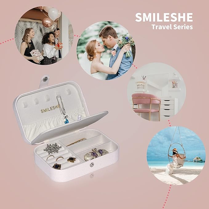 Smileshe Jewelry Box, PU Leather Small Portable Travel Case, 2 Layers Organizer Display Storage Holder Box for Rings, Earrings, Necklaces, Bracelets