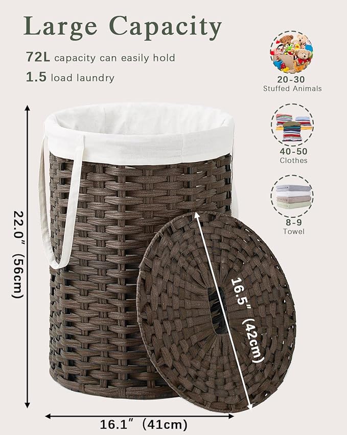 SETVSON Laundry Hamper with Lid, 19.0 Gal (72 L) Round Wicker Laundry Basket, Handwoven Rattan Basket with Lid, Removable Bag, 2 Mesh Bags, Handles for Living Room, Bathroom, Brown