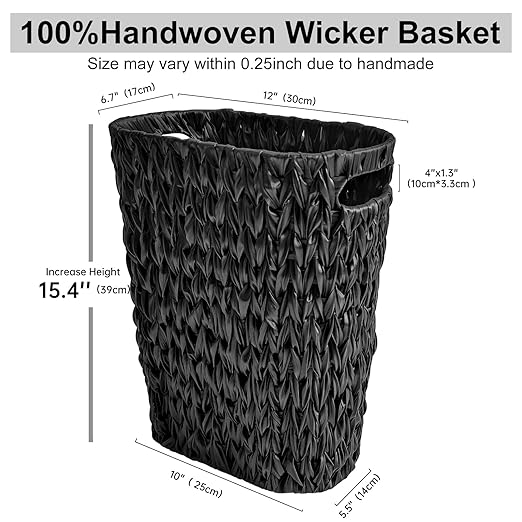 Coeusy 5 Gallon Wicker Trash Can,Black Bathroom Trash Can,Wicker Trash Basket with Handles,Handwoven Small Waste Basket for Bathroom,Bedroom,Kitchen,Office,20 Liters