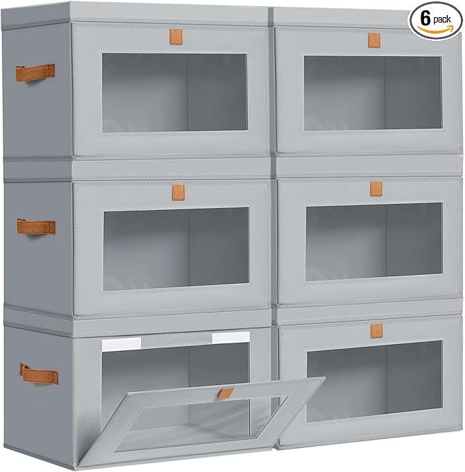 DIMJ Storage Bins with Lids - 6 Pack Large Fabric Closet Organizer with Window & Handles, Collapsible Decorative Storage Boxes for Shelves Under Bed, Books Clothes Blankets Sweaters Organization