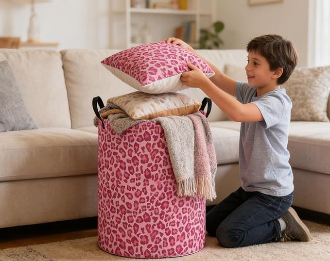 Kids Laundry Basket Pink Hamper for Nursery Hamper Cute Kids Storage Bin Room Decor for Home(Pink leopard print)