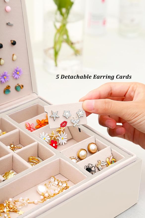 QBestry Girls Jewelry Box Earring Holder Organizer for Girls Jewelry Organizer Box Stud Earrings Organizer for Girl Womens Beige Jewelry Box for Earrings and Necklaces Rings Stud Earring Box for Teen