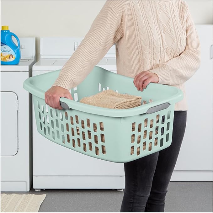 Sterilite 18 Pack HipHold Laundry Basket, Plastic Rectangle Clothes Hamper with Comfort Grip Handles & Reinforced Rim, 1.5 Bushel Capacity, Mint