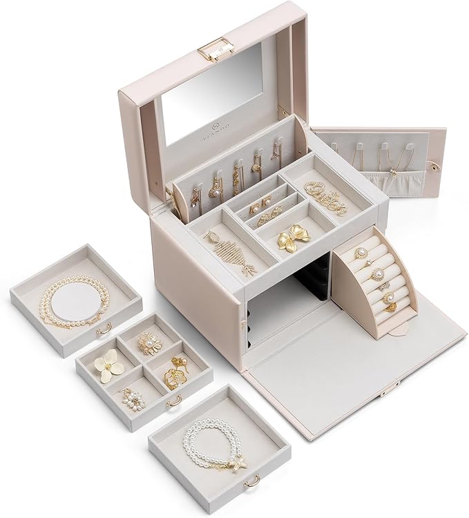 Vlando Mirrored Jewelry Box Organizer, Leather Jewelry Storage Case, Necklaces Earrings Rings Brackets Box Holder, Pink Beige