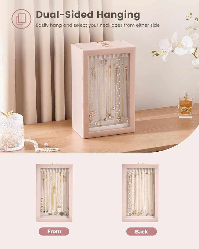 Lolalet Upgraded Double-Sided Hanging Necklace Organizer Box, Jewelry Display Case with Double-Sided Clear Window for Necklaces Bracelets, Tangle-Free Necklace Storage Box, Mothers Day Gift