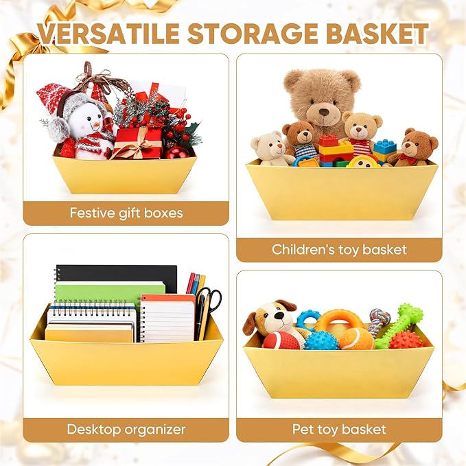 AFOROEOA 6PACK Gold Baskets for Gifts Empty, 12x10x4” Thick Cardboard Gift Basket Kit with 6 Bows & 6 Bags - Kraft Empty Gift Baskets for Christmas, Weddings, Birthdays, Holiday Gifting