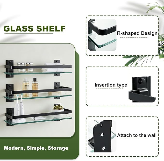 AIJALY 3 Pack Bathroom Glass Shelf,Aluminum Tempered Glass 0.3in Extra Thick Rectangular 1 Tier Storage Organizer Wall Mount,Black 15.7in