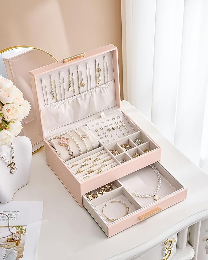 Lolalet 2-Layer Jewelry Box Organizer for Women Girls, Jewelry Storage Case Holder with Drawers for Necklaces Ring Earrings Bracelet Watch, Gifts Choice for Mom Mother’s Day -Pink