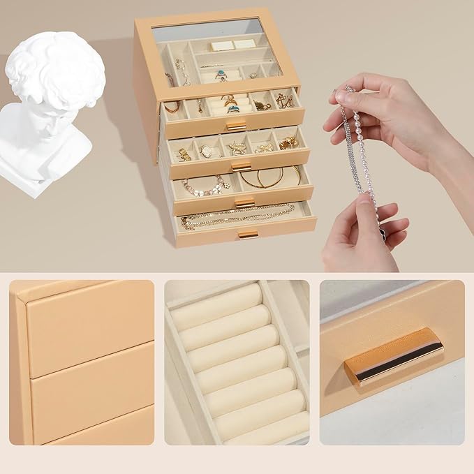 Jewelry Box with Glass Lid, 4-Layer Jewelry Organizer for Women Girls, PU Leather Display Case with 20-Grid Earring Tray & Movable Dividers for Necklaces Rings,Camel