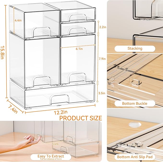 Yieach 6 Set Clear Baby Bottle Organizer for Countertop,BPA FREE Bottle Station Organizer for Breast Pump Parts,Pacifier and Baby Accessories,Stackable Drawers for Bathroom,Cabinet,Pantry Organization