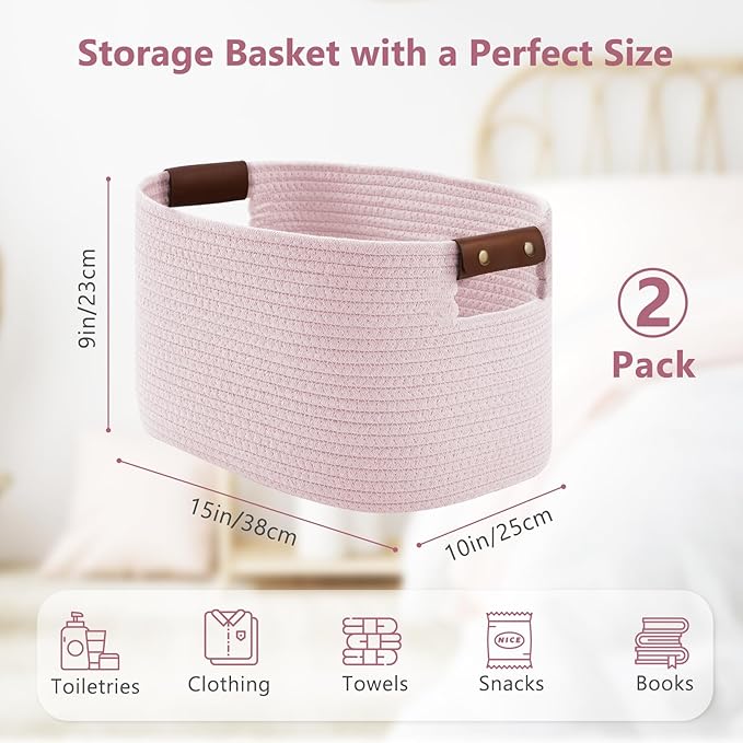 ECDYQXVU Cotton Rope Basket, Storage Baskets with Handle, 15x10x9 Inch Woven Basket for Shelves, Laundry, Towels, Clothes, Books (Light/Pink 2Pack)