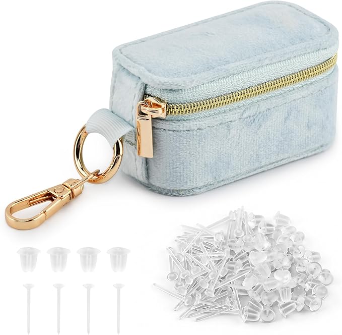 Velvet Mini Travel Jewelry Case, 2 in 1 Ring Holder Keychain + 50 Plastic Earrings, Portable Small Jewelry Organizer for Women, Travel/Gym/Wedding/Bridesmaid Gift