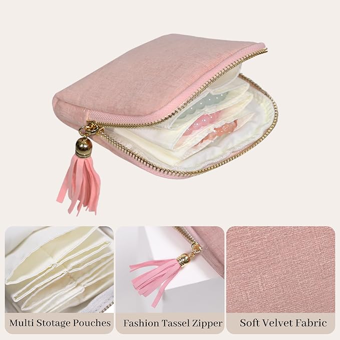 Stratalife Travel Jewelry Organizer - Portable Travel Jewelry Case for Bracelets, Bangles Crystal Storage, Necklace Ring Holder with Zipper Small Pouches Gift for Women, Light Pink Tassel