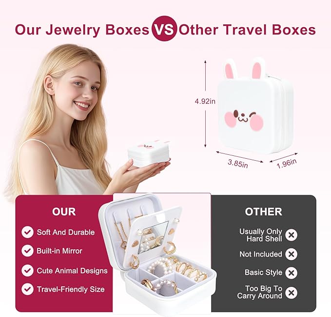 Cute Bunny Travel Jewelry Case with Mirror, Silicone Portable Small Mini Jewelry Organizer Box for Women Girls Mom, Wedding, Birthday Gift - White