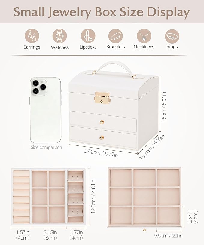 Homde Mothers Day Gifts Small Girls Jewelry Box with Lock: 3 Layer Organizer with Removable Tray - Storage for Ring Necklace Earring - Birthday & Return Gifts for Young Women (Cloud White)
