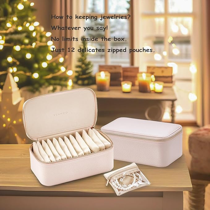 VLANDO Travel Jewelry Box Organizer – Portable PU Leather Jewelry Case with 6/8/12 Zippered Pouches, Compact Storage for Earrings Rings Necklaces Bracelets, Rosy Mauve