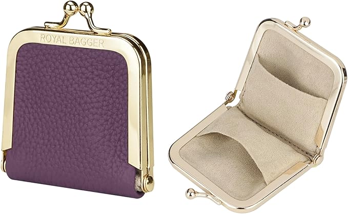 Royal Bagger Genuine Cow Leather Ultra-Slim Mini Jewelry Box, Ring & Necklace Storage, Slim Coin Purse with Kiss Lock for Women 3120 (Deep Purple)