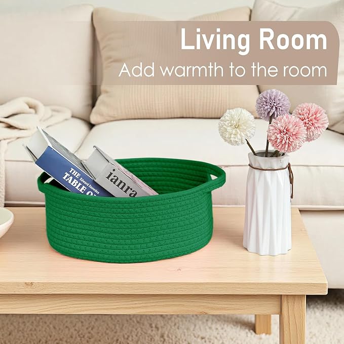 JMvicyroam Woven Basket,Small Rope Storage Bin with Handles & Ribbon Bag, Organizer for Shelves Closets,Gift Basket Empty for Birthday,Books,Dog Toys, Green/3 Pack