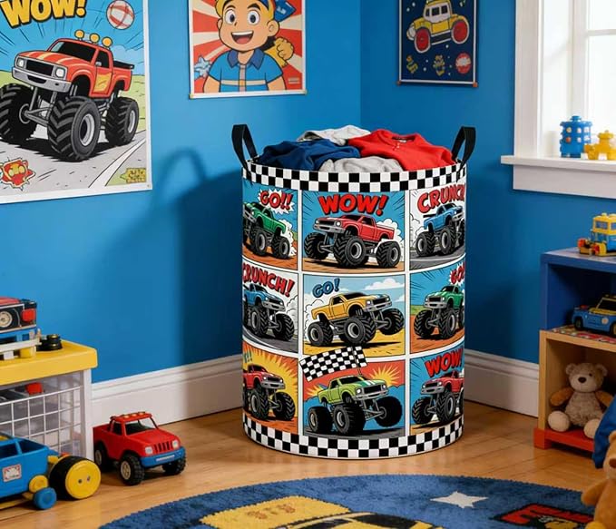 Baby Laundry Basket Baby Nursery Hamper Kids Laundry Basket Toy Storage Bin for Boys Room Decor Gift Baskets for Bedroom Bathroom(Truck)