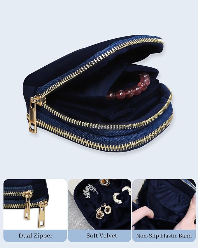 Stratalife Travel Jewelry Case Organizer 2-Layer Compact Storage Bag for Rings Earrings Necklace Bracelet Portable Velvet Jewelry Pouch with Zippers Travel Essential Gift for Women Navy Blue