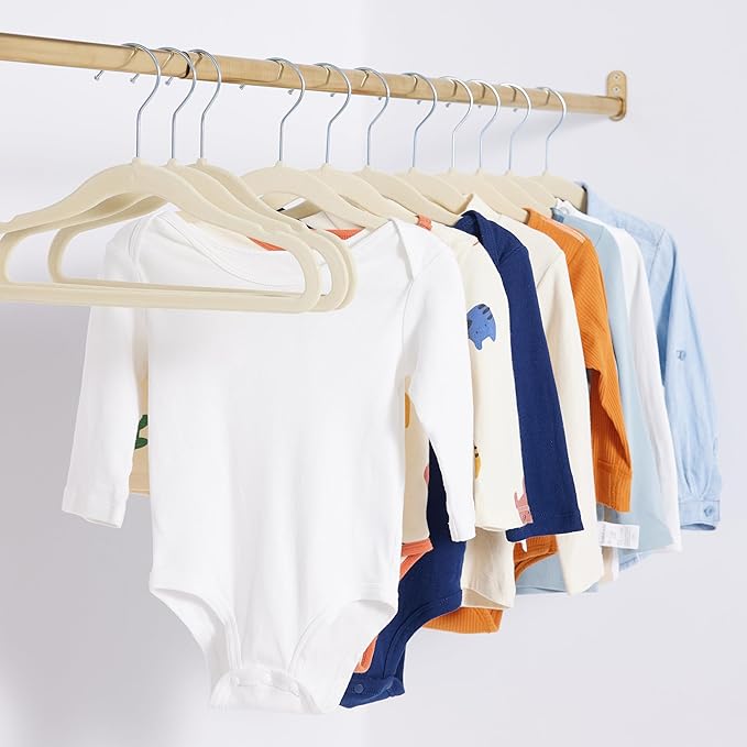 Amazon Basics Kids Space Saving Velvet Non-Slip Clothes Hangers with Shoulder Notches, Sturdy Construction for Closet Organization, 11.6", Beige, 30-Pack