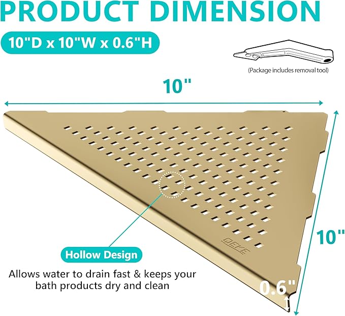 Qeke Bathroom Corner Shelf, Recessed 10" Shower Shelf Caddy, SUS304 Stainless Steel Shelf Wall Mount Triangular, No Drilling, Brushed Golden