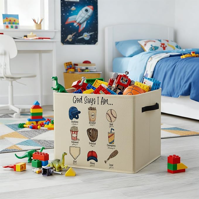 Christian Baseball Storage Bin Box with Handles, God Says I Am Bible Verse Baseball Foldable Baskets Organizer for Kids Room Nursery Bathroom Clothes Toys Books, Toybox for Boys