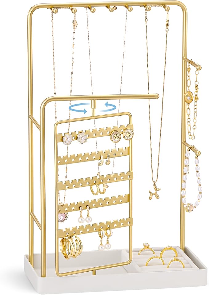 ProCase Jewelry Stand Holder Organizer, Jewelry Display Storage with Ring Tray, Rotating Earring Bracelet Necklace Holder, Valentine's Gifts Room Dorm Decor for Teen Girls -Gold (No-Assembly)