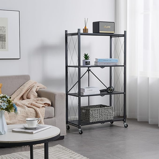 BRIAN & DANY Metal Storage Shelves - 4 Tier Shelving Unit, Folding Display Shelf Racks No Assembly for Vendors and Craft Shows, Black (2Pcs)