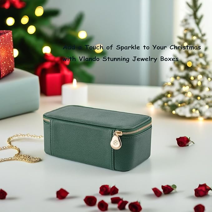 VLANDO Travel Jewelry Box Organizer – Portable PU Leather Jewelry Case with 6/8/12 Zippered Pouches, Compact Storage for Earrings Rings Necklaces Bracelets, Dark Green