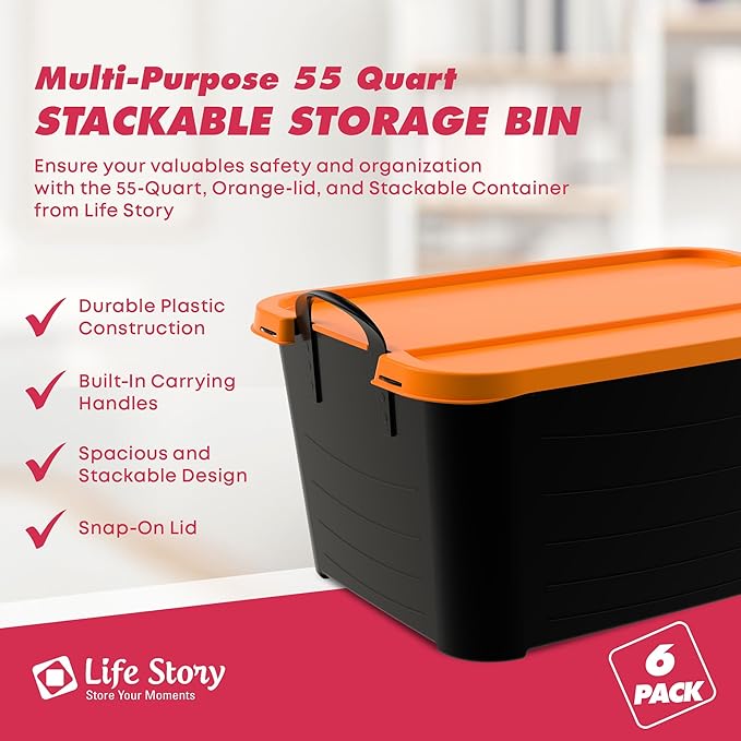 Life Story 6 Pack Heavy Duty Stackable Storage Bin, 55 Quart Home Organizer, Versatile Lightweight Locking Bins with Carrying Handles, Black/Orange