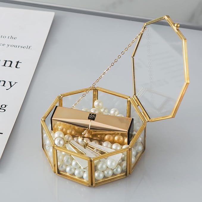 Glass Vintage Jewelry Box, Golden Geometric Jewelry Display Organizer Box Vanity Lidded Box Home Decor Accent Decorative Box for Storage Trinket Rings Bracelet