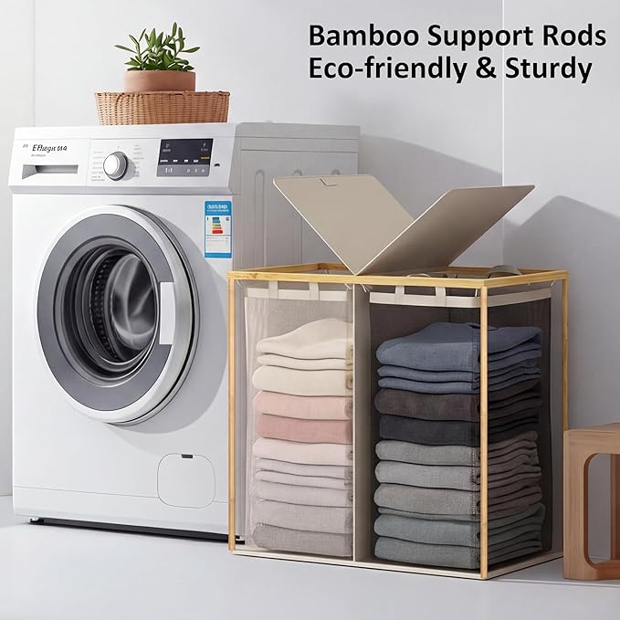 efluky Laundry Hamper with Lid, Double Laundry Hamper with 2 Removable Bags, 2 Section Laundry Basket with Bamboo Handles for Bathroom, Bedroom & Laundry Room, 140L (36.9 Gallon) Beige