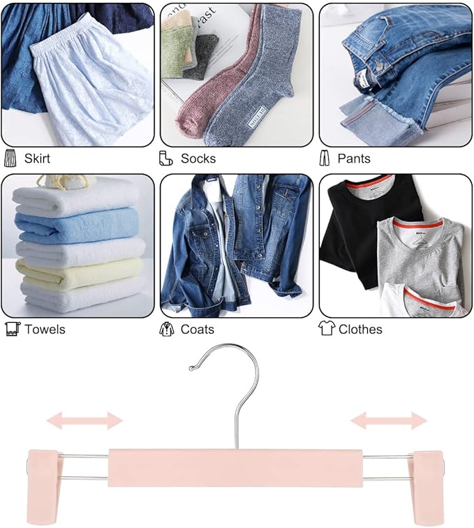 GUANJUNE Clothes Pants Hangers, Space-Saving Skirt Holders with 360 ° Swivel Hooks, Adjustable Clips, Trouser Hangers, Clothes Coat Garment Jeans Hangers (10 Pack, Pink)